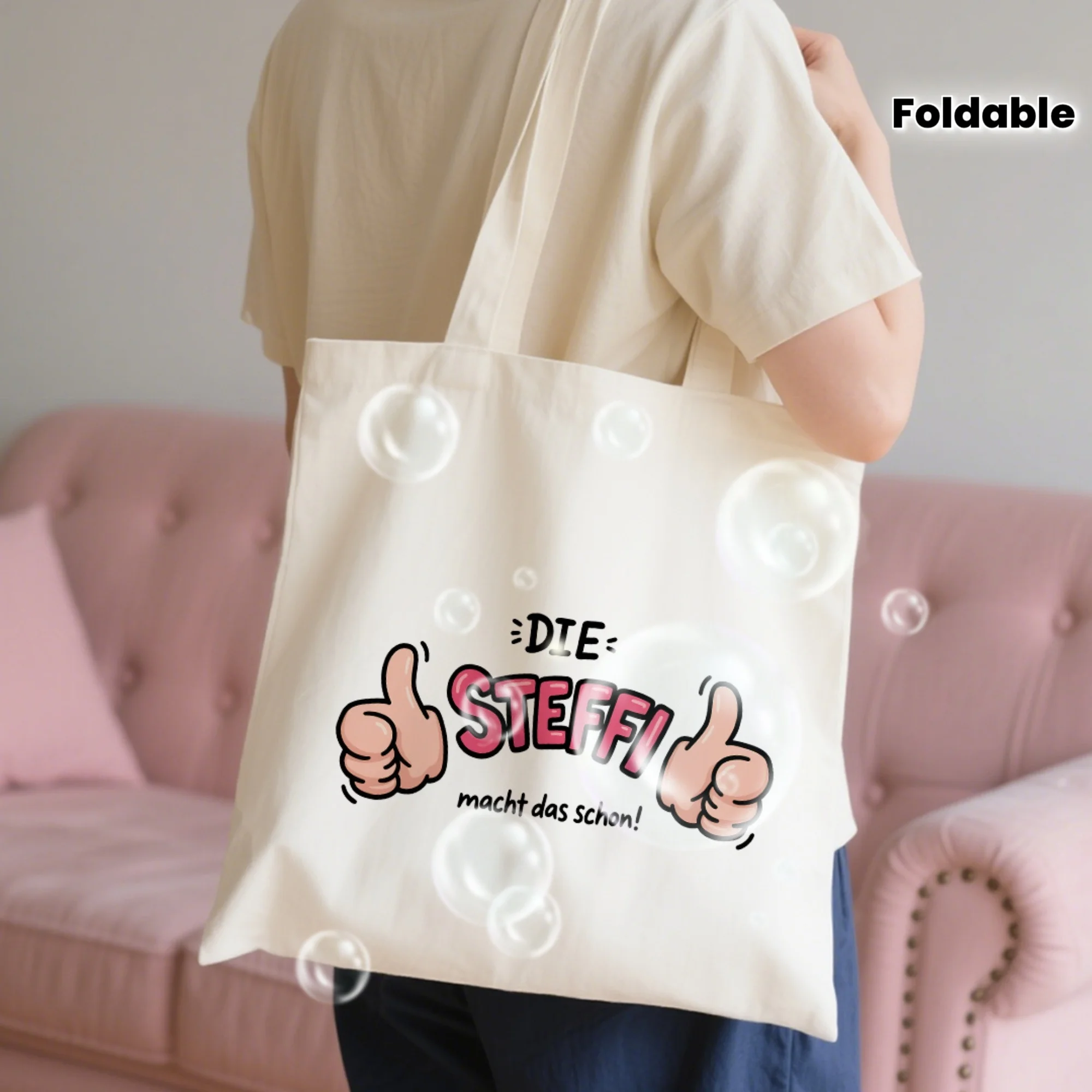 

1pc, German "DIE STEFFI macht das schon!" EncouraSynthetic Gemstoneent canvas bag, shopping bag (35.05cm x39.88cm), positive ene