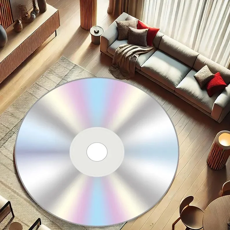 Disc Round Rug – Shiny Holographic 90s Nostalgic Music-Themed Floor Mat for Fashionable Home Interior Design