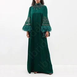 Customized Gorgeous Arabic Evening Dresses Dark Green Feathers Prom Gowns Long Sleeves Wedding Guest Dress High Neck Crystal