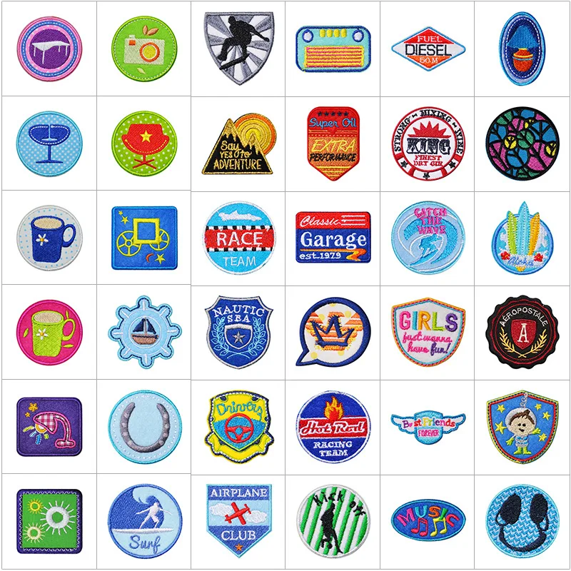 

50pcs/Lot Vintage Round Embroidery Patch Sport Surf Club Camp Earphone Boat Fun Clothing Decoration Accessory Diy Iron Applique