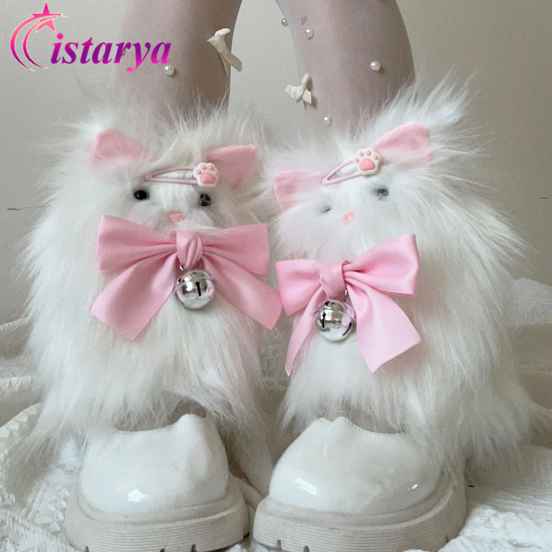 Japanese Kawaii Lolita Pink Bow Cute Cat Faux Fur Leg Warmers Socks Harajuku Y2K Girls Winter Warm Fluffy Boot Cover Streetwear