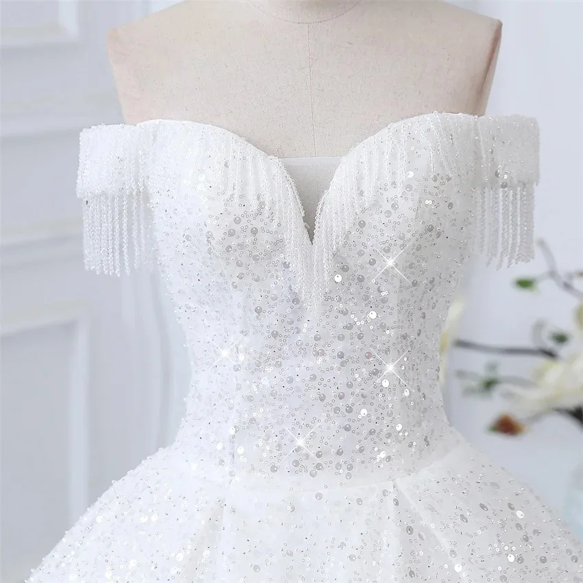 Echtes Bild Luxus Prinzessin Braut Brautkleider Ballkleid von der Schulter Perlen Shinny Braut Dress robes de Mariée Vestidos