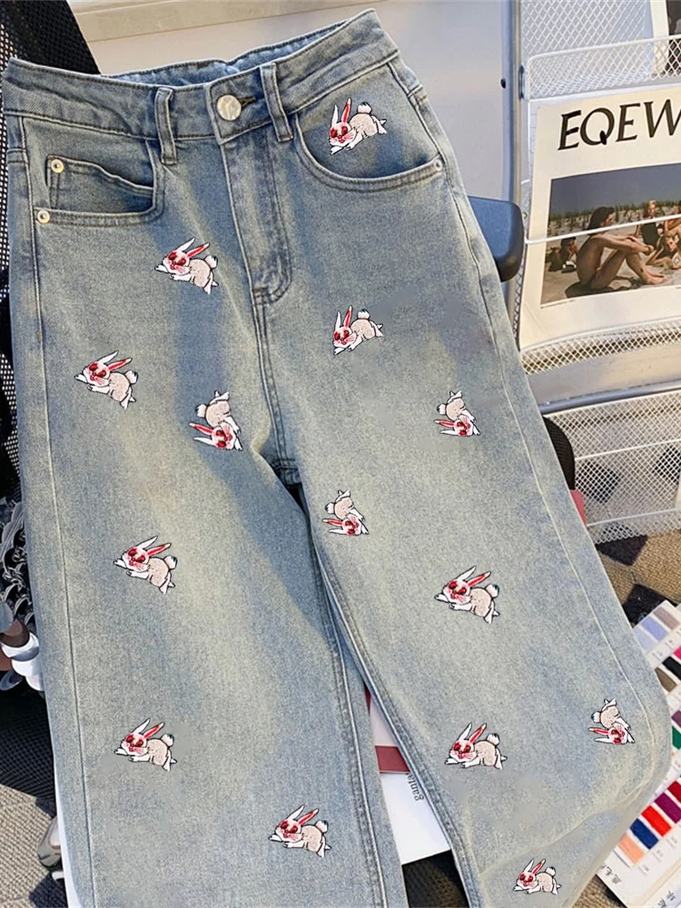 

Женские летние дизайнерские свободные широкие брюки с эффектом похудения, прямые джинсовые джинсы с принтом кролика в американском стиле Sle Heavy Du