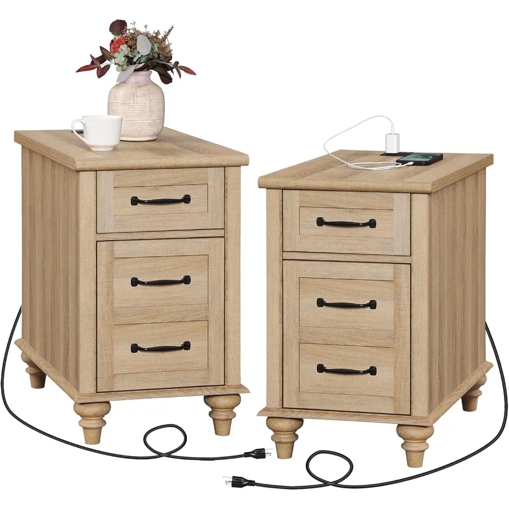 

pair of wooden end tables with charging ports, drawer and storage cabinet, rustic nightstands with power outlets