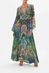 Women Deep V-Neck 100% Silk Full Sleeve Big Swing Peacock Printed Holiday Maxi Dress