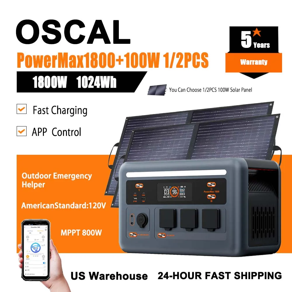 

OSCAL PowerMax1800 1024WH Solar Power For Family Outdoor General LED Light HD Display Use Anytime,Set Of 1/2PCS 100W Solar Panel