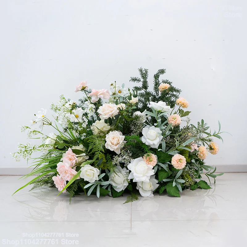 Hochzeits-Hintergrund für den Außenbereich, Boden-Blumenarrangement, Champagner-weiße künstliche Blumenreihe, grüne Wand, Dekoration für die Zeremonie und Fotobox – Detail 6