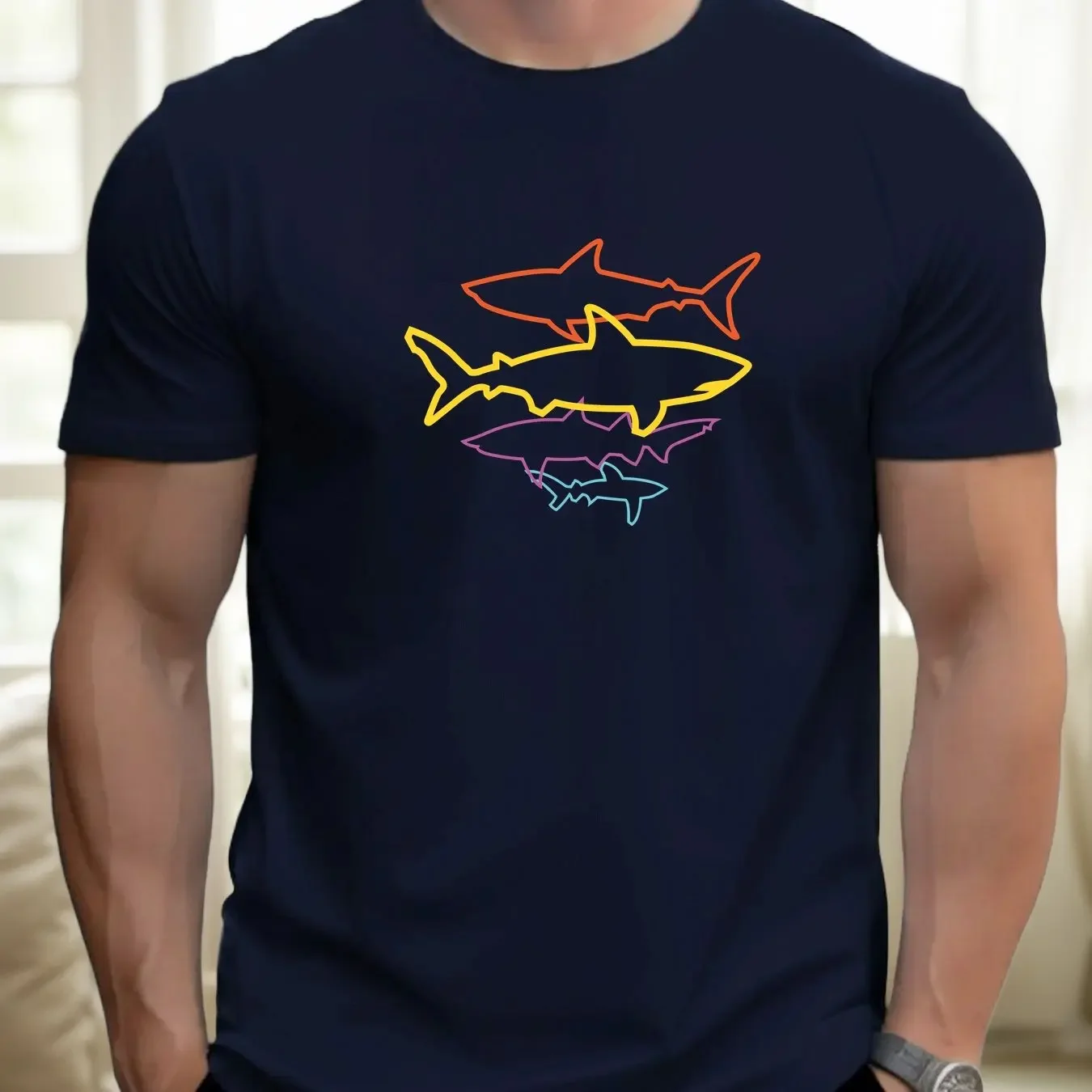 Men Neon Shark Graphic Summer T-Shirt Vibrant Yellow Casual Short Sleeve Tee with Round Neck Regular Fit for Beach Men Clothing