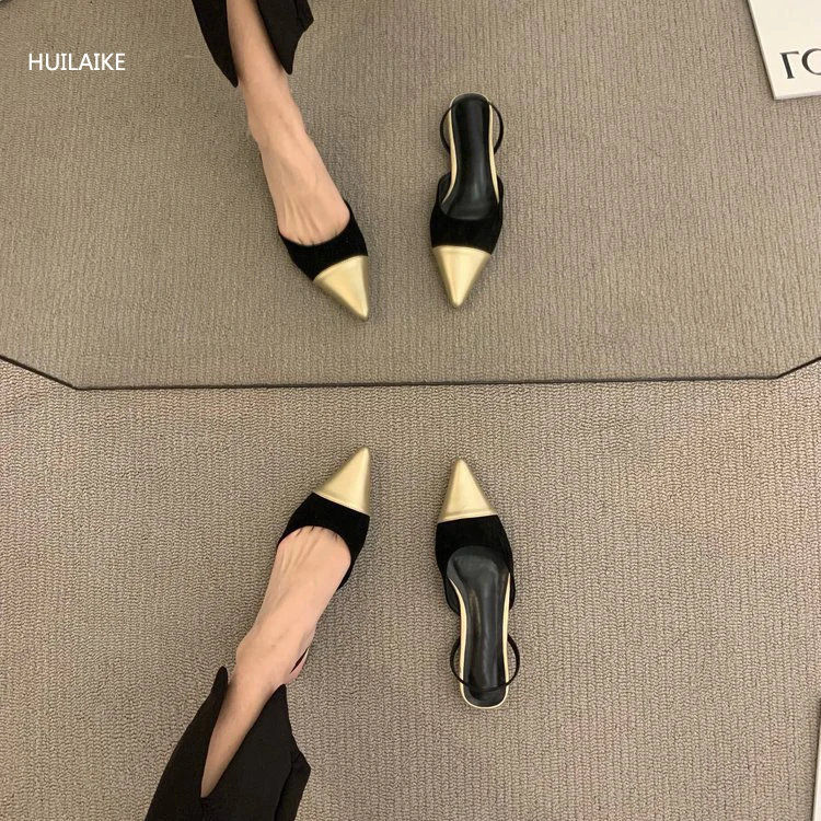 Elegant Summer New Women Sandals Splice Pointed Sexy Metal Color Flat Baotou Back Empty Fashion Ladies Mules Sandals Point Shoes