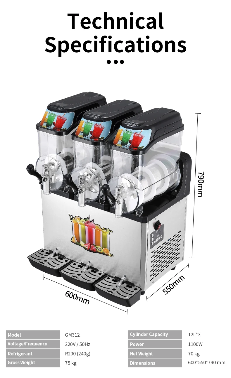 Commercial Stainless Steel & Cast Iron Slush Machine 1100W Multi-Plug Ice Cream Frozen Juice Maker CE Certified 1 Year Warranty