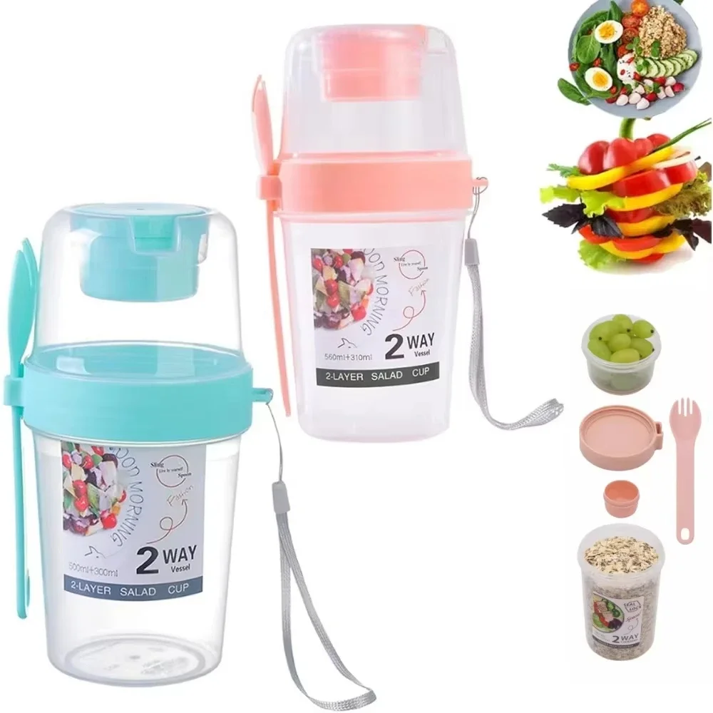 Taza de desayuno para llevar, tazas para ensalada, yogur portátil, cereales, avena, aperitivos, contenedores perfectos, soportes para aderezo de ensalada con tapa, tenedores