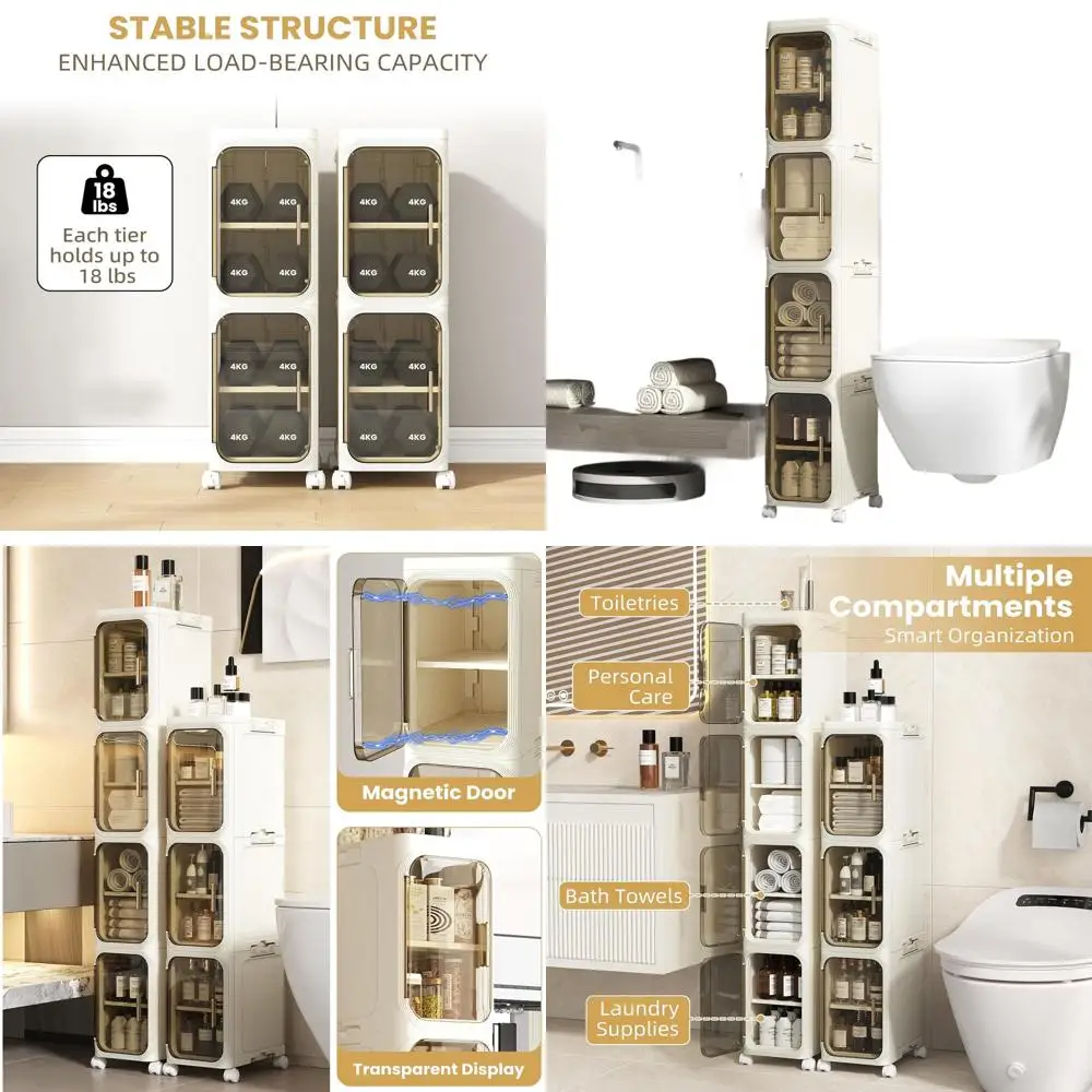 

Compact 4-Tier Bathroom Storage Cabinet with Wheels and Toilet Paper Holder, Waterproof, Easy Setup, Ideal for Small Spaces in H