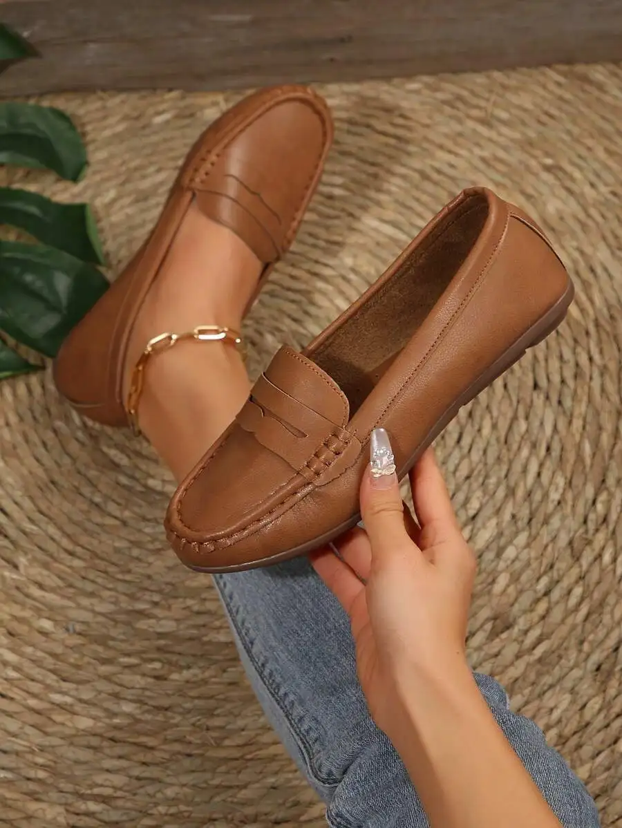 Women's Round Toe Penny Loafers, Plus Size, Mirror Polished, Solid Color, Flexible & Comfortable, Suitable For All Seasons,