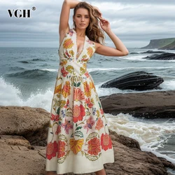 VGH Colorblack Floral Prinitng Casual Dresses For Women V Neck Sleeveless High Waist Slimming Long Dress Female Fashion Style