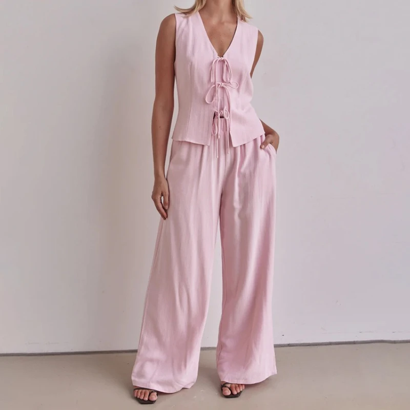 

TARUXY Fashion Lace Up Pants Sets Women's Sleeveless Vest Top Solid Loose Trousers Set Autumn New Lady Elegant Commuter Outfits