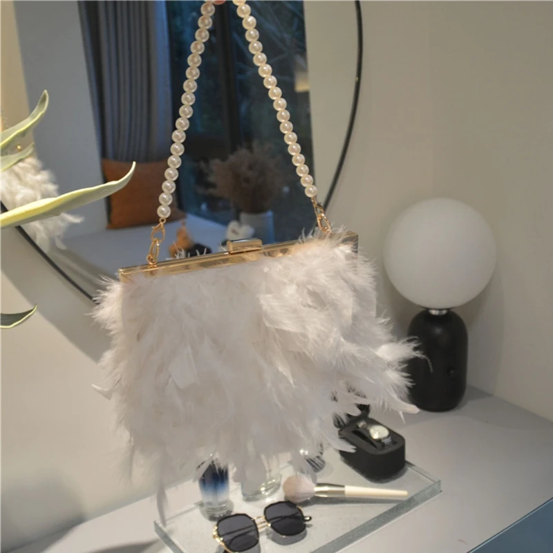 Ostrich Feather Tote Evening Dress Bag Shoulder Bag Party Money Bag Wallet Clutch Pearl Chain Bag Gift for Women Girls