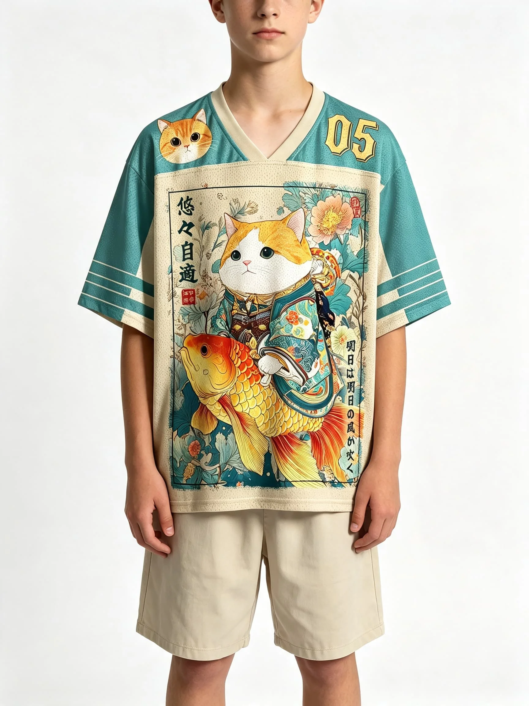 Koi Fish Casual Summer Retro 3D Men T Shirt Women Tee Boys V NeckTop Children Parent Child Quick Dry Short Sleeves Kids Tshirt