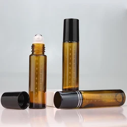 10ml Amber Glass Roller Bottle Scaled Essential Oil Roll on Bottle Sample Test Essential Oil Vials with Stainless Steel Roller
