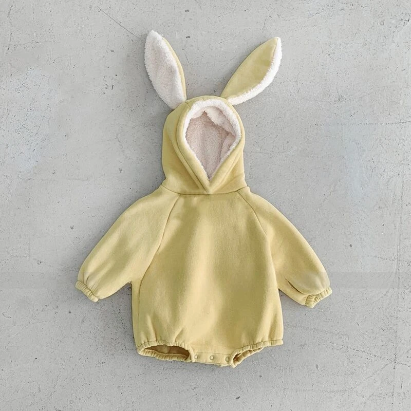 2026 New Fashion Kids Winter Fleece Romper Cute Rabbit Ear Hooded Jumpsuit Climbing Clothes