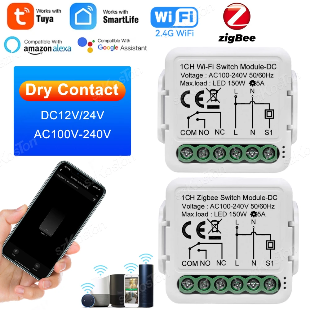 Tuya ZigBee 3.0 WiFi Smart Switch Tech, DC 12 V, 24V, AC 100-240V, Contact sec, Smart Home, 5A Breaker, nous cite avec Alexa Google