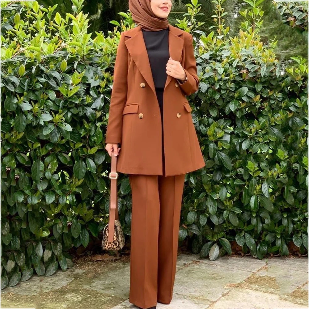 

Женский костюм из двух предметов, элегантный пиджак с лацканами, прямой двубортный повседневный шикарный комплект из двух предметов (куртка + брюки), повседневная одежда