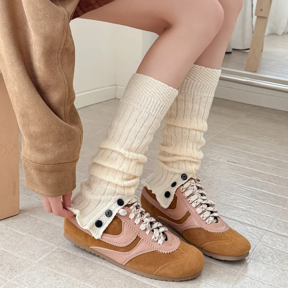 Autumn Winter Knitted Leg Warmers Women Warm Foot Cover Y2K Girls Leg Warmers Button Fashion Loose Long Socks Women Stockings