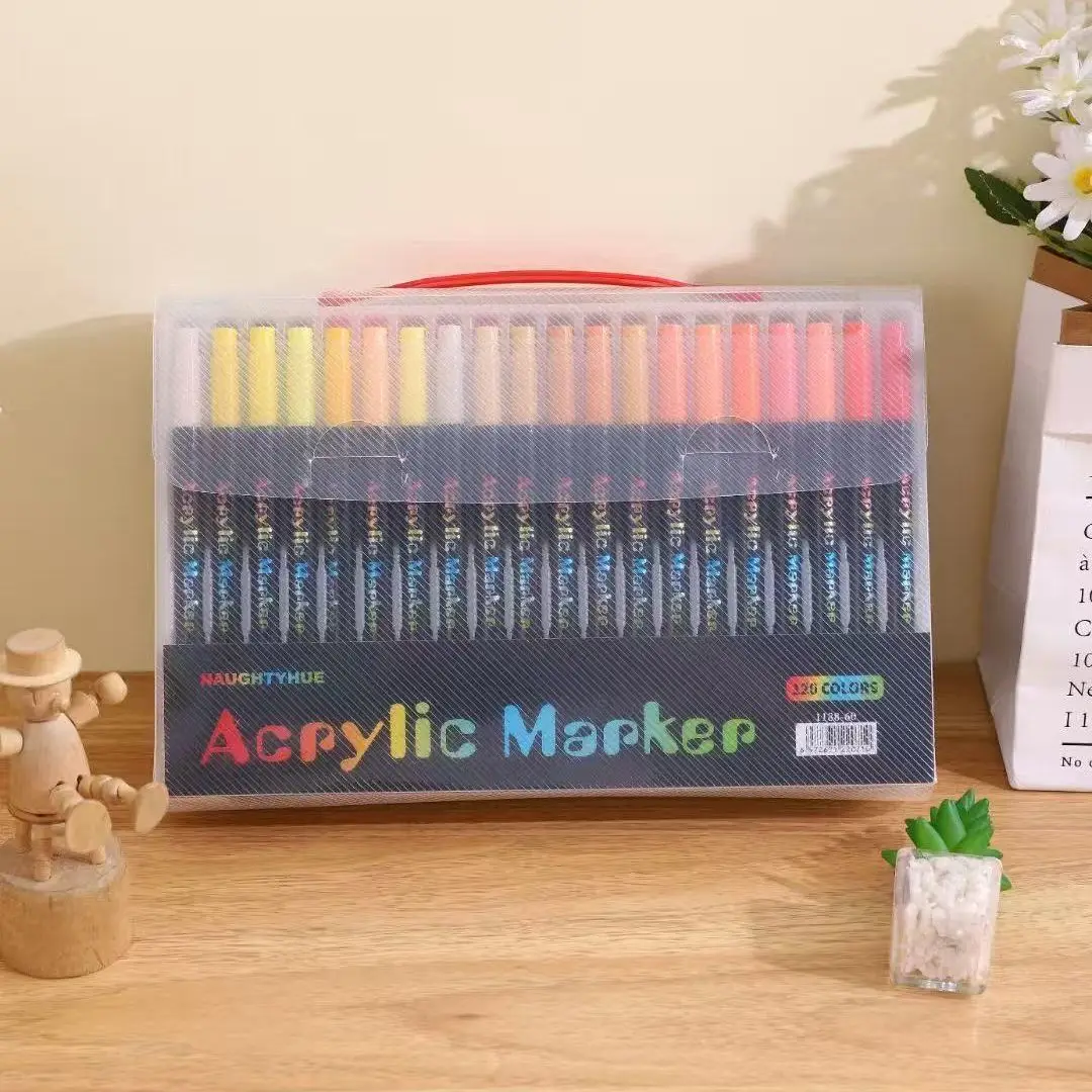 Professionele acrylverfmarkers met 48 kleuren, dubbele punt: fijne punt en penseelpunt, geschikt voor steen, hout, kalligrafie