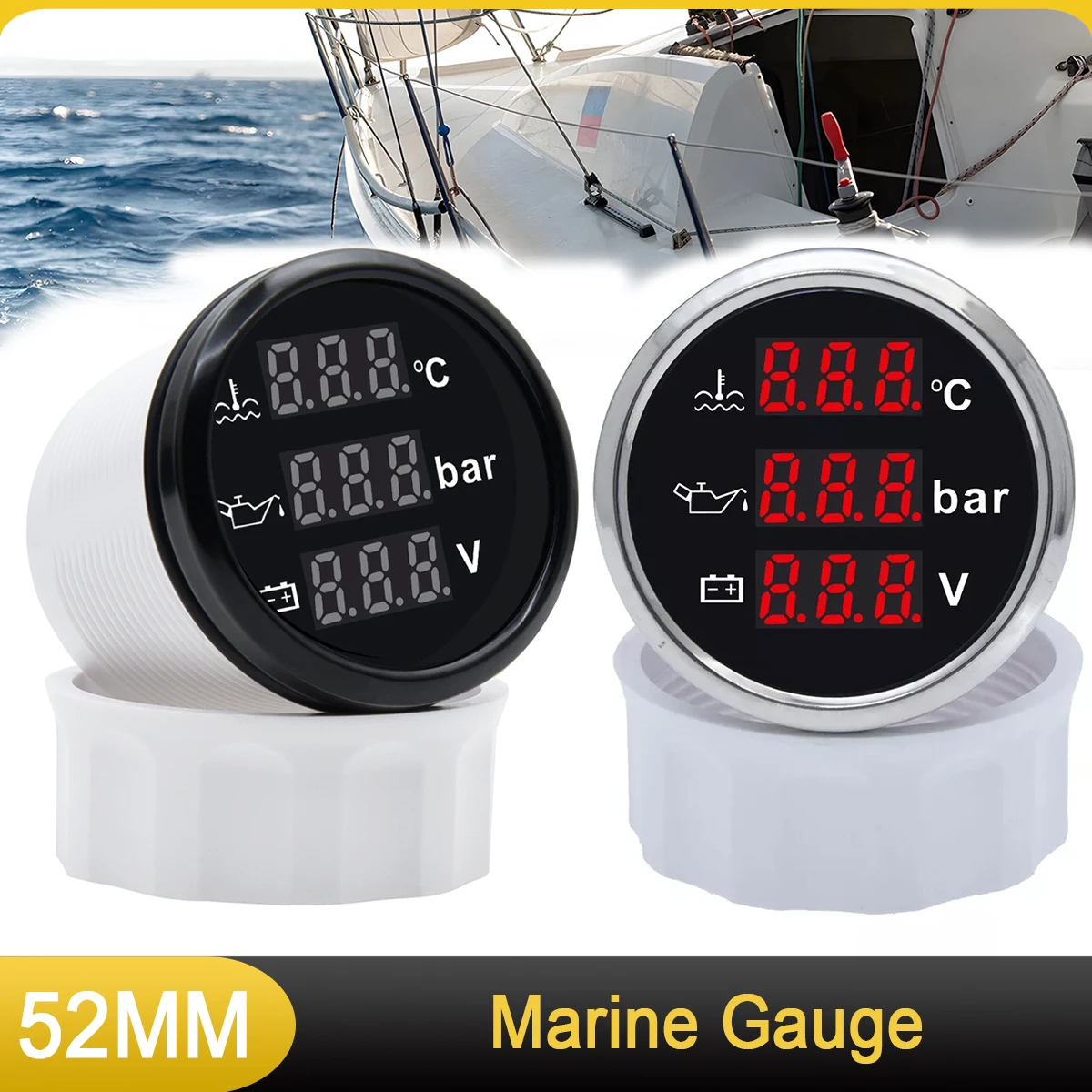 

52MM Marine Gauge 3 in 1 Voltmeter + Water Temperature Gauge + Oil Pressure Gauge with Alarm for Car Boat Marine Yacht 9-32V