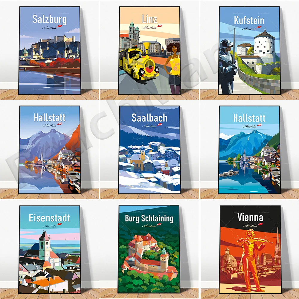 Vienna Austria, Hallstatt in autumn Austria, Linz Austria, Kufstein Austria, Hallstatt, Salzburg Austria travel poster