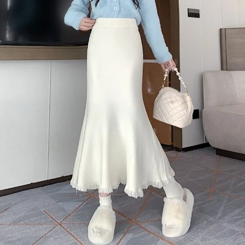 

OCEANLOVE вязаные юбки-русалки женские однотонные осенне-зимние длинные юбки с оборками корейская мода винтажные элегантные Ropa De Mujer