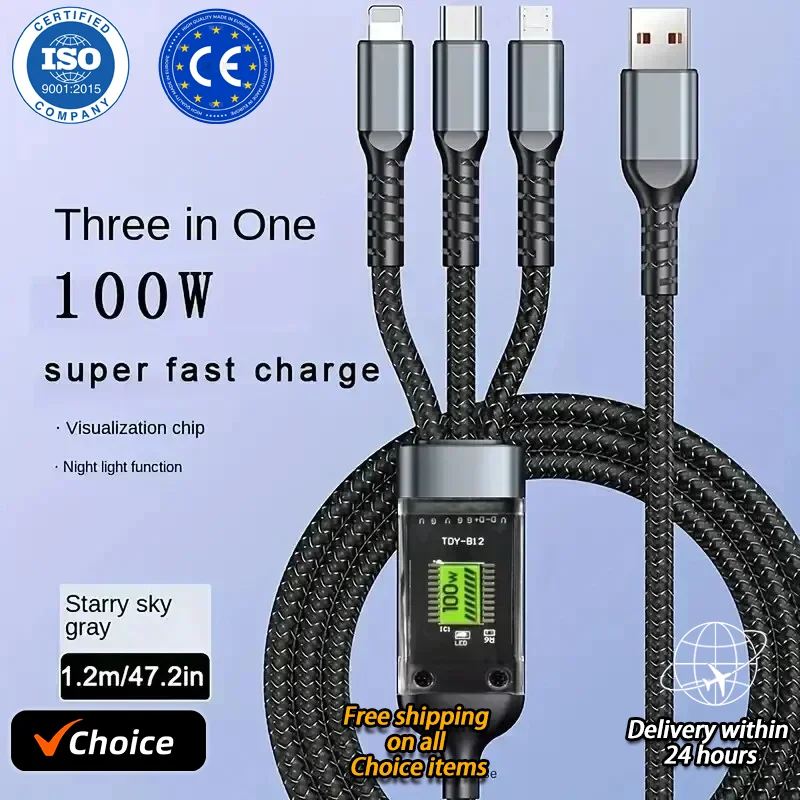 New Transparent Luminous 3-in-1 Super Fast Charging Cable, 3 in 1 Charging Cable, Universal with Type-C Micro for iPhone15 14 13