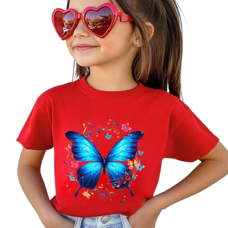 Vibrant Gradient Butterfly Musical Note Floral Graphic Short Sleeve T-Shirt Crew Neck Music Nature Art Print Casual Tee for Girl