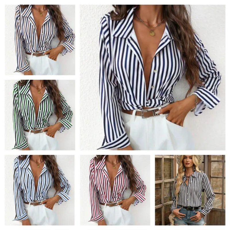 

Women's Blouses And Shirts Simple Style Casual Striped Long Sleeve Turn-Down Collar Slim Fit Button Faishon 2026 New Collection