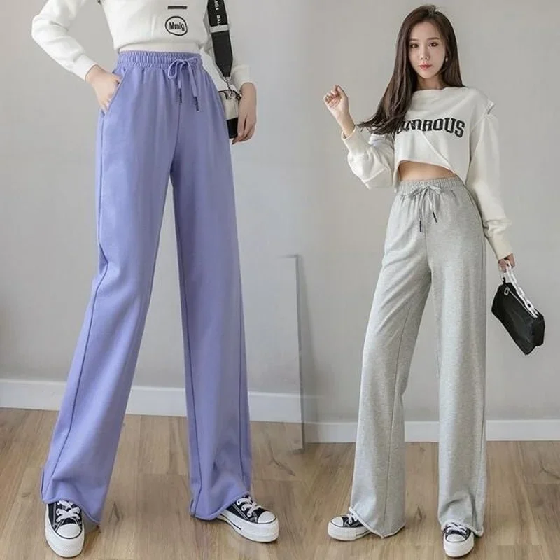 Trousers for Women Black Drawstring Purple with Pockets Loose Baggy Female Pants Straight Leg Clothes Casual Outfits New in 90s