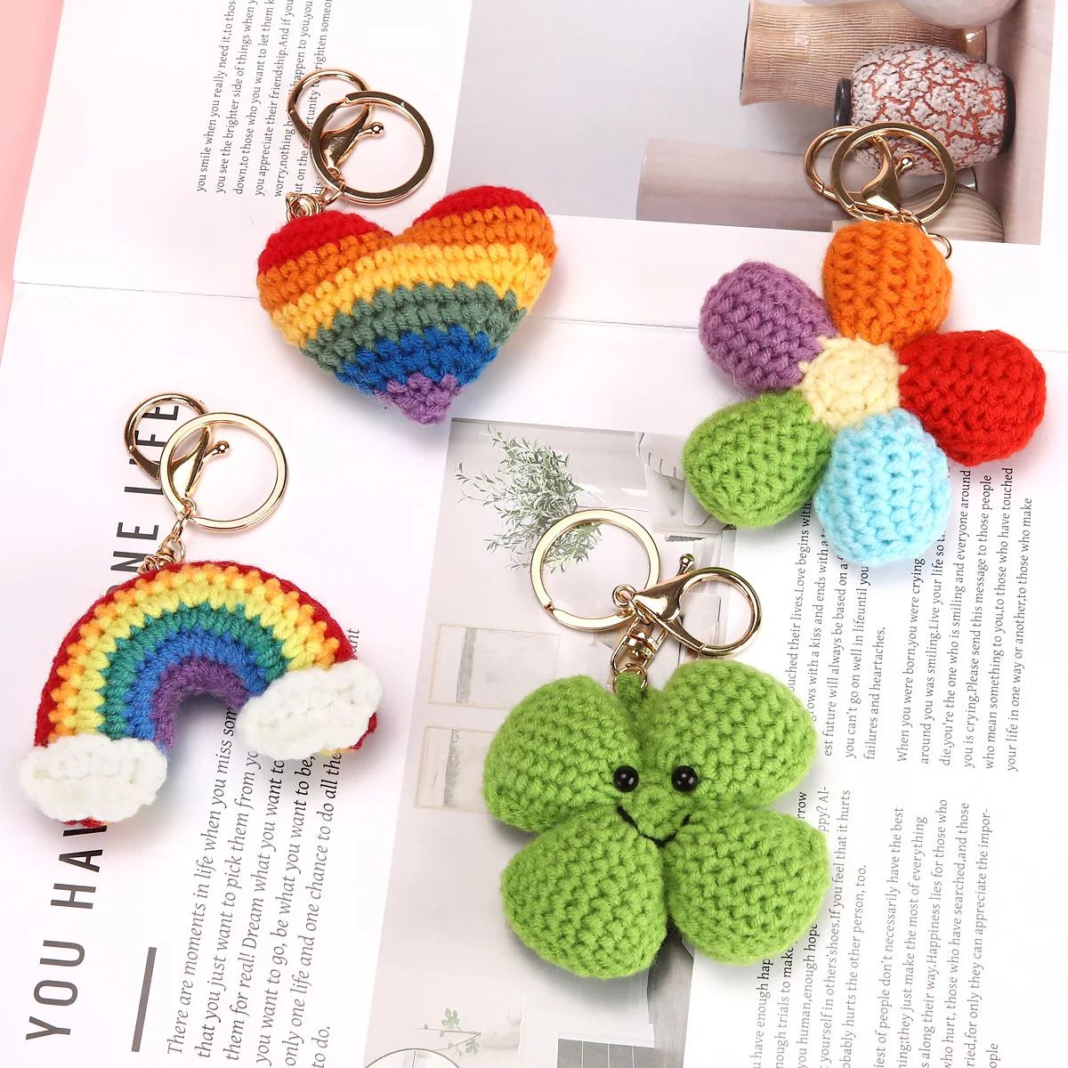 

Unisex Bag Pendant Love Rainbow Clover Colorful Flower Handmade Knitted Kawaii Bag Charms Multifunctional Fashionable Keychains
