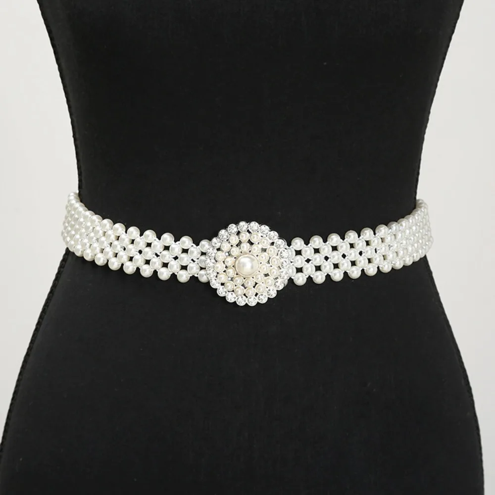 

Simple Bling Pearl Waist Belt Rhinestone Wide Elastic Waistband Metal Buckle Waist Strap Women Waist Belt Sweater