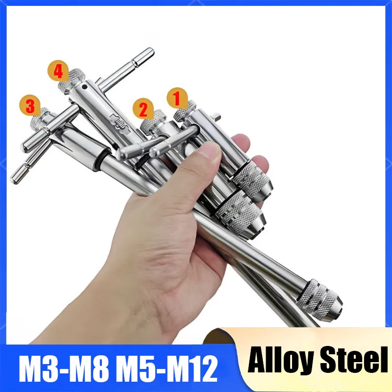 Adjustable M3-8 M5-12 T-Handle Ratchet Tap Wrench Tap Screw Holder Male Thread Metric Plug Mechanical Workshop Tools Hand Tool