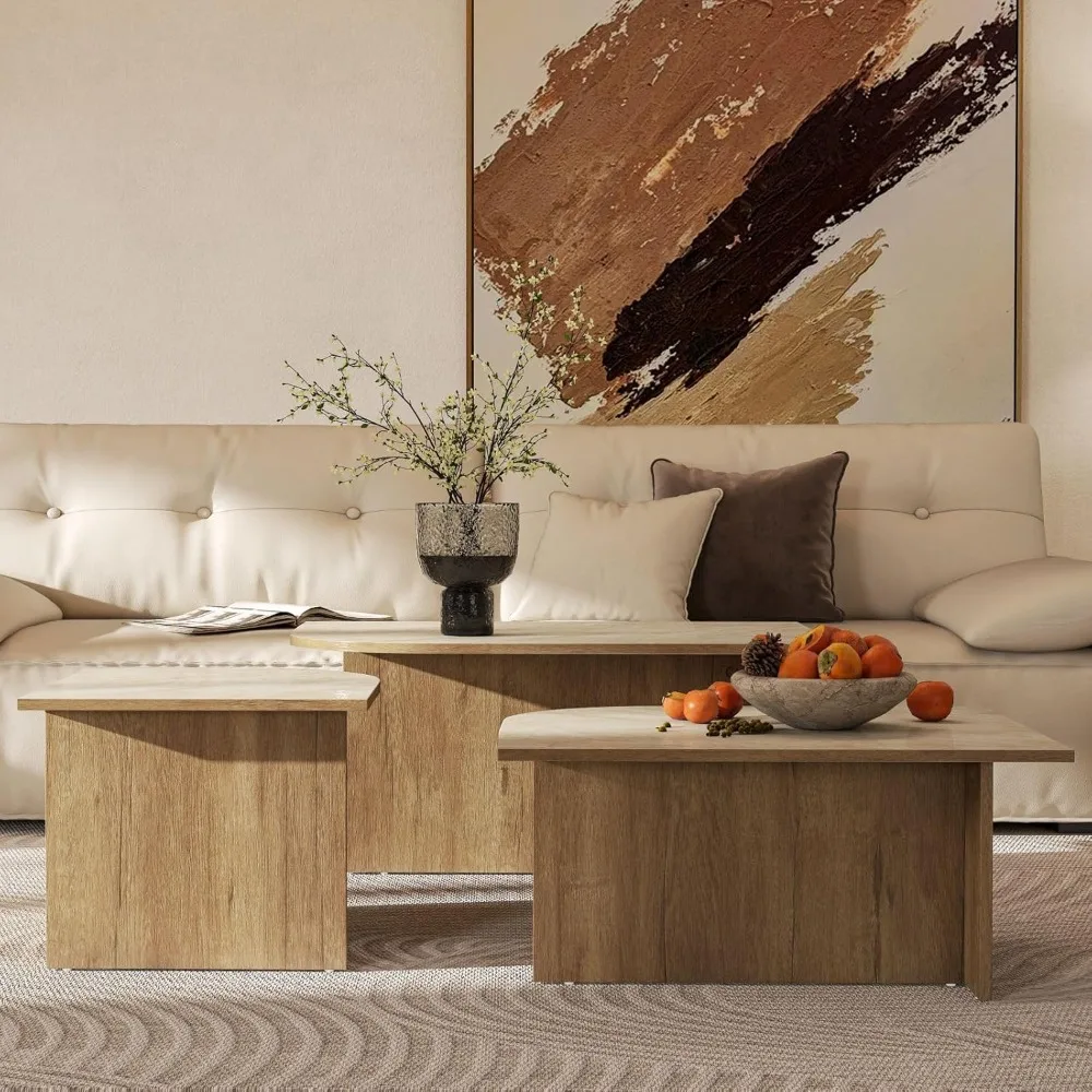 

3-Piece Modern Coffee Tables Set, Faux Marble Top & Walnut Wood Legs, Mid-Century Rectangular Nesting Tea Table for Living Room,