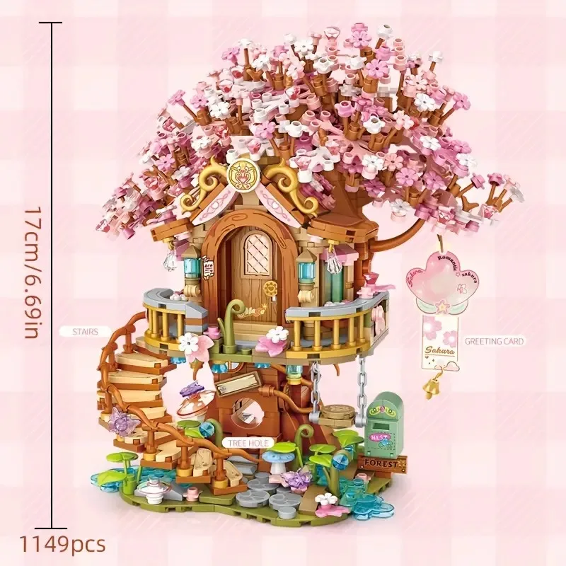 Fiore di ciliegio Casa sull'albero Modello di costruzione della casa Piccola particella Building Block Ornamento Natale Capodanno Regalo di Halloween