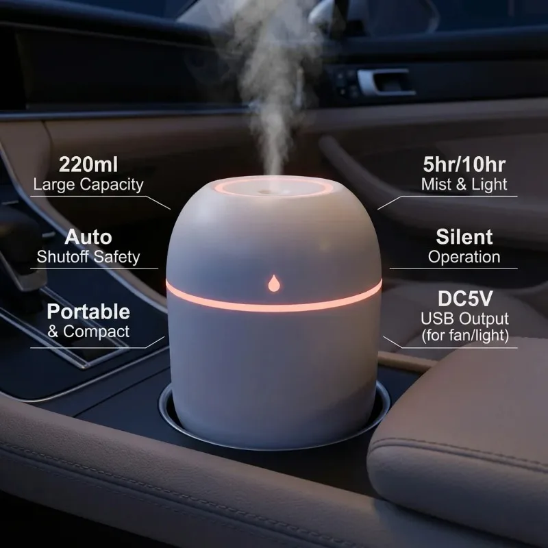 220ml USB Mini Humidifier, Portable Aroma Essential Oil Diffuser, Anion Car Purifier Mist Maker, 30ml/h Output