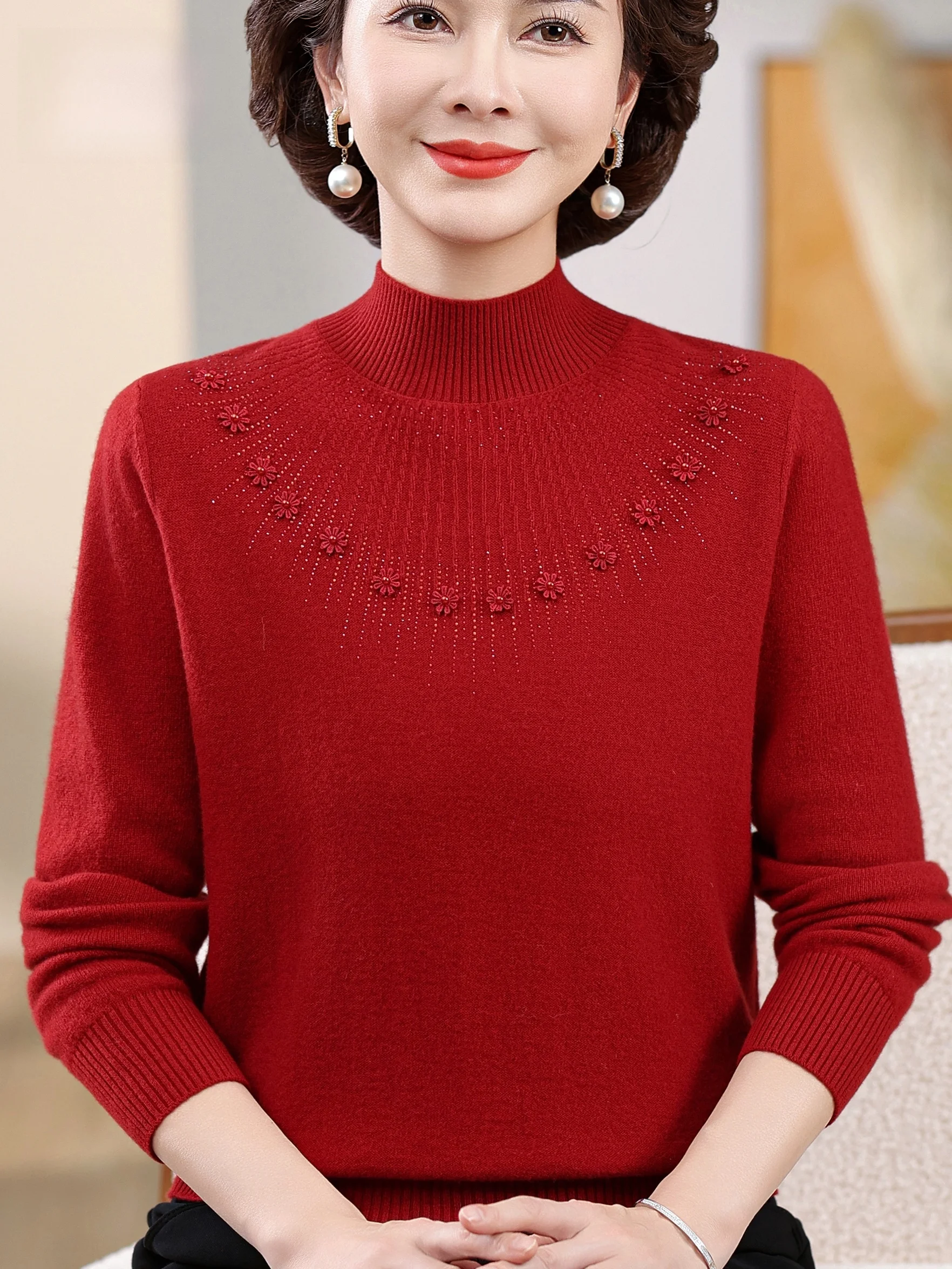 

Теплая чистая шерстяная основа irt Mommy Sle, осень-зима f, женский модный вязаный топ с высоким воротником, цветочный дизайн, дыхание...