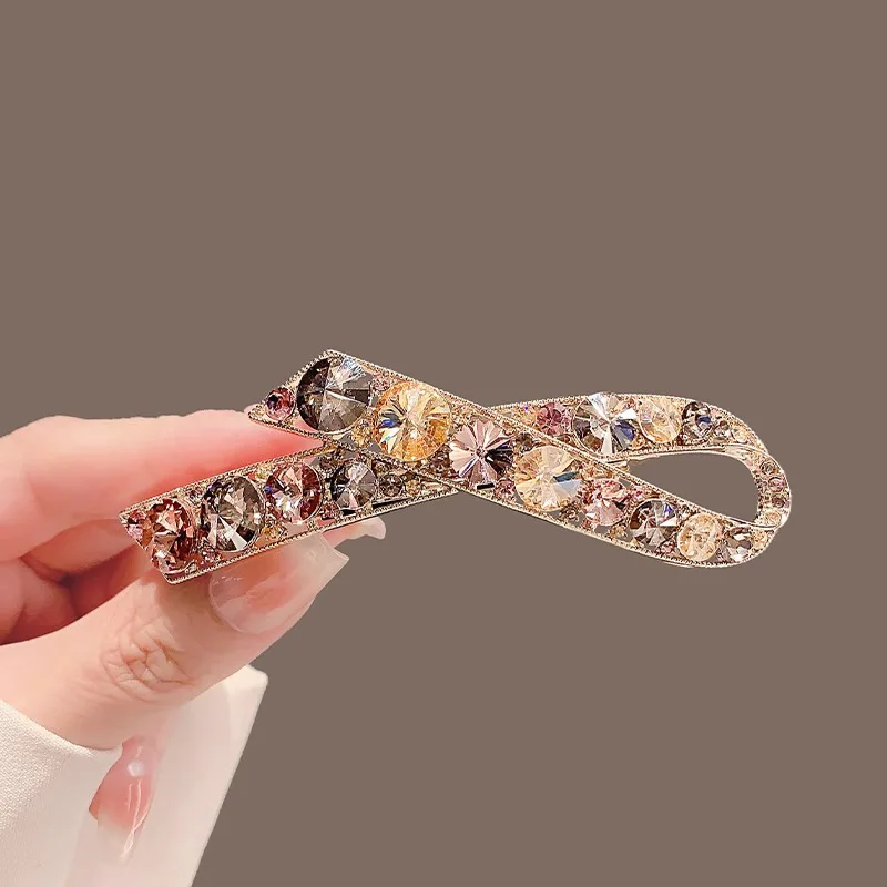 Champagne Bow Rhinestone Spring Hair Clip Unique Delicate Light Luxury For Teen Girls Premium Trendy Top Clasp Daily Elegant