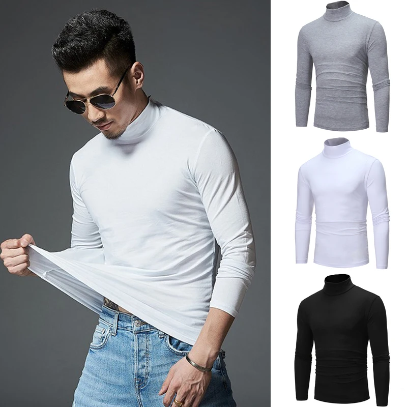 Turtleneck Thermal Underwear Top Men\'s Casual Slim Fit T-Shirts Hight Elastic  Long Sleeve Pullovers Warm Solid Bottoming Shirt