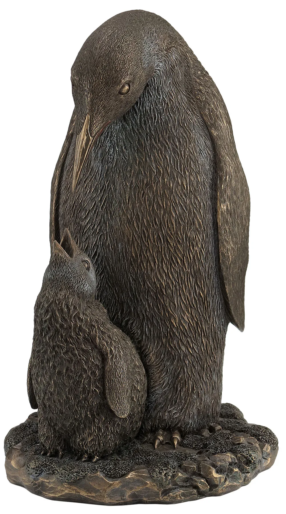 Mother Penguin and Baby Chick Statue Antique Bronze Resin Figurine Parent Child Antarctic Animal Rock Base Home Decoration Gift