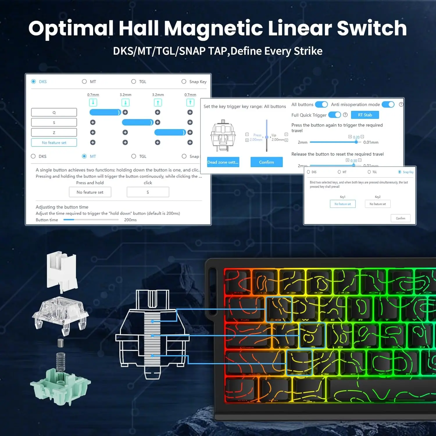 ZIYOULANG & ATTACK SHARK X68HE لوحة مفاتيح ميكانيكية بمفتاح مغناطيسي سريع الزناد، 8000 هرتز، RGB، تشغيل قابل للتعديل 0.01 مم
