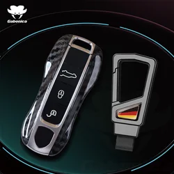 For Porsche Cayenne Coupe Panamera Taycan 911 971 9YA Macan Boxste Carbon Fiber Car Key Fob Case Cover Keyless Chain Ring Holder