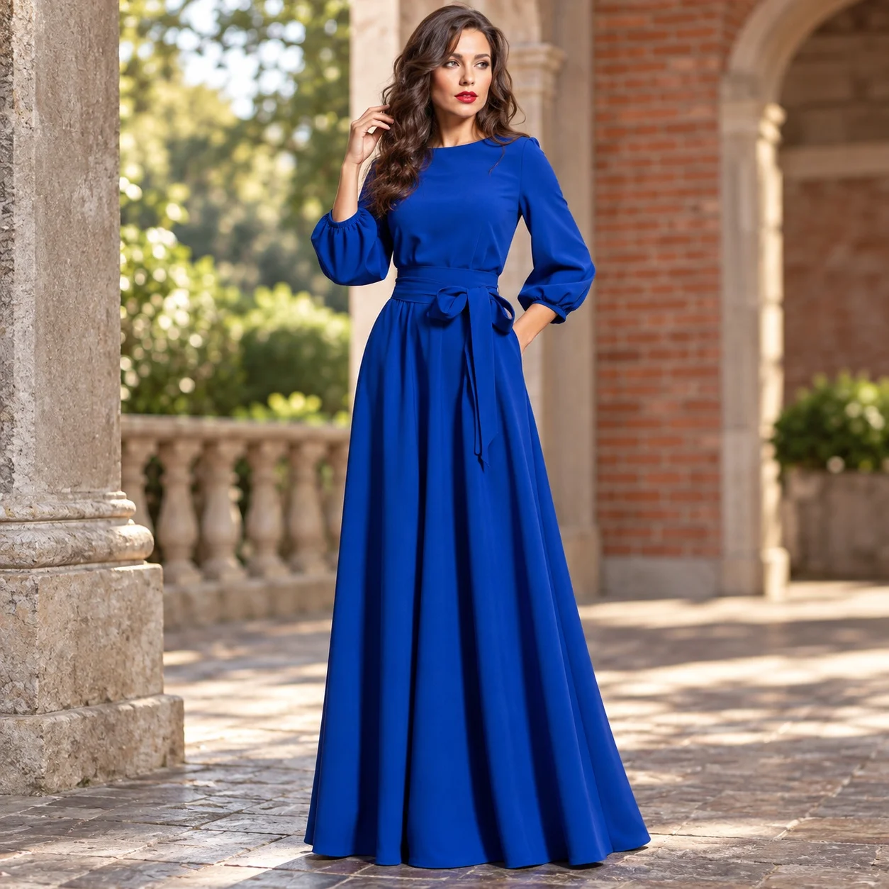 Women Wedding Guest Dresses Long Sleeve Round Neck Flowy A Line Maxi Bridesmaid Party Evening Cocktail Formal Gown Elegant