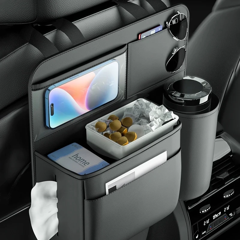 

Car Seat Back Storage Bag Leather Auto Backseat Hanging Phone Cup Eyeglasses Holder With Tissue Box Trash Bin Garbage Organizer