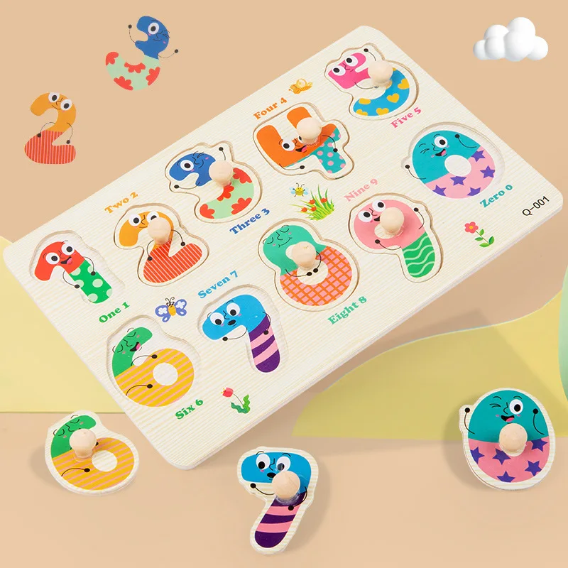 Baby Cognitive Puzzle Handheld Board, Number Animal Fruit Shape Early Educational Toy Learning Game for Kids
