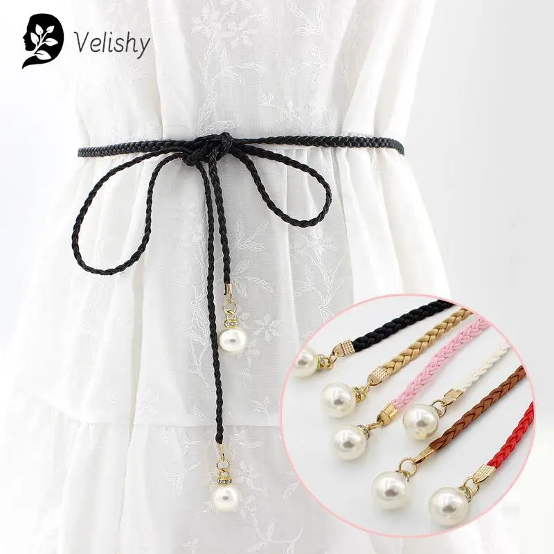 

Creative Thin PU Belt Simulated Pearl Elastic Waist Belts Women Dress Skirt Decoration Gift Women Belt